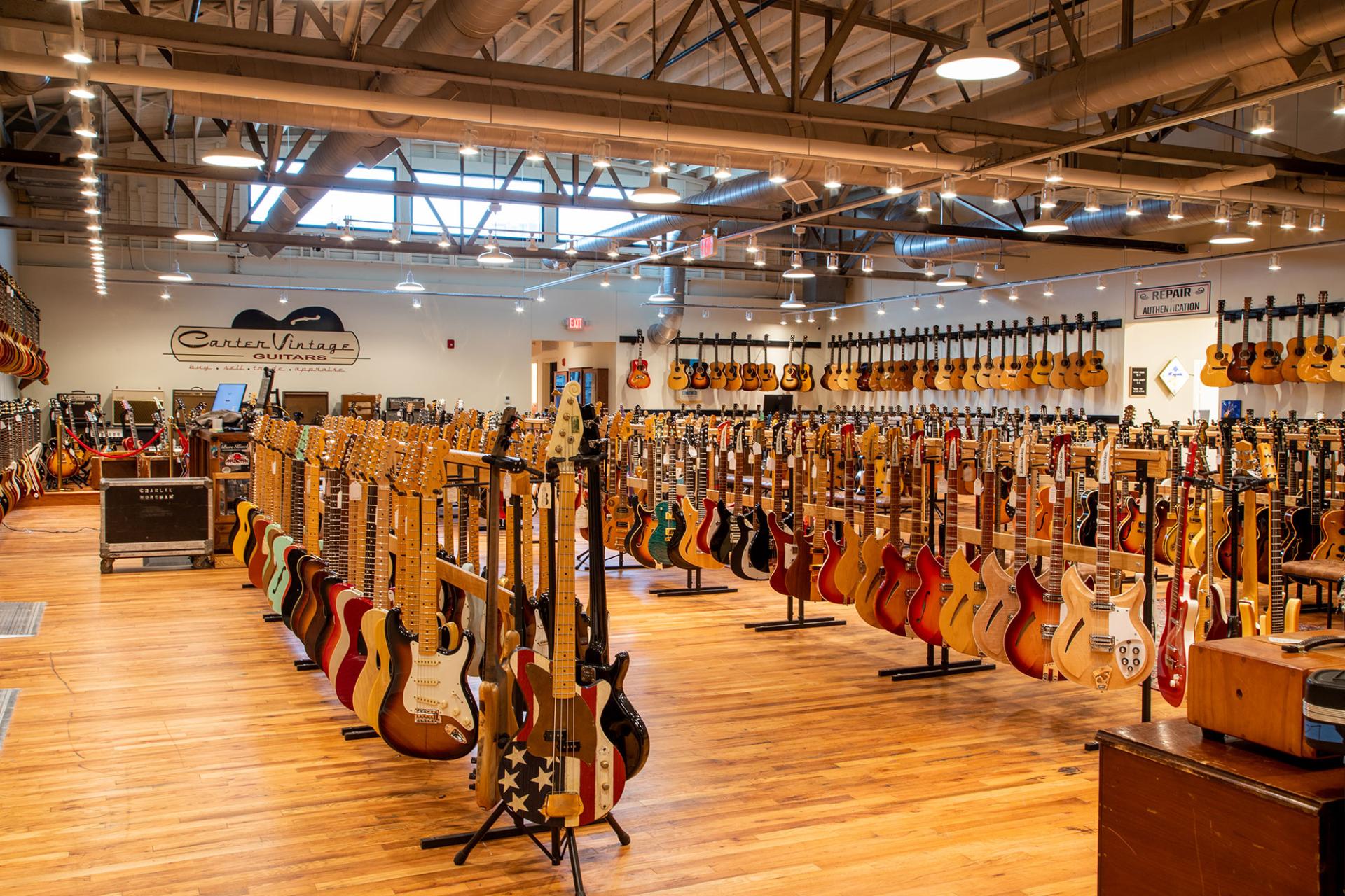 Rows of guitars at Carter Vintage Guitars in Nashville