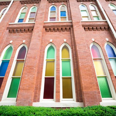 Stained glass windows on the Ryman Auditorium exterior