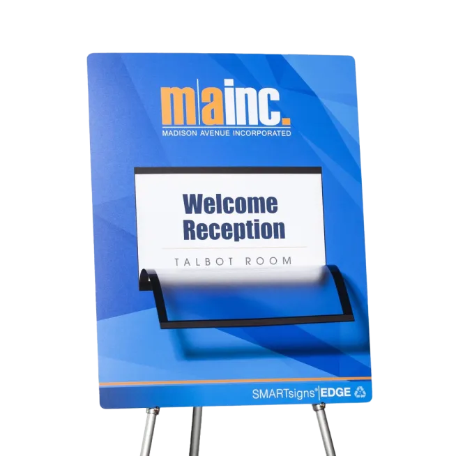 Our revolutionary reusable EDGE SMARTsign® is the most advanced reusable sign solution to exist. Using recyclable and reusable materials, and GREENGUARD Gold certified ink, the EDGE sign sets a new, environmentally conscious standard for extreme durability in a lightweight package. Conquer a full day of events and meetings with signage you know won’t crack, dent, or chip. With the EDGE sign, your events will look professional for many years to come. This sign looks great and never breaks!

Attach our unique