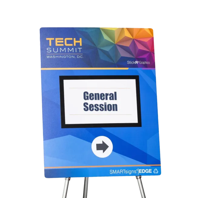 Our revolutionary reusable EDGE SMARTsign® is the most advanced reusable sign solution to exist. Using recyclable and reusable materials, and GREENGUARD Gold certified ink, the EDGE sign sets a new, environmentally conscious standard for extreme durability in a lightweight package. Conquer a full day of events and meetings with signage you know won’t crack, dent, or chip. With the EDGE sign, your events will look professional for many years to come. This sign looks great and never breaks!

Attach our unique