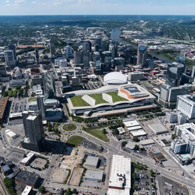 view from southwest corner of building looking north toward downtown core with Cumberland River to the east