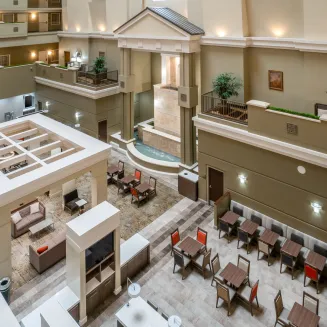 Newly updated Atrium with complimentary breakfast area and evening reception area.