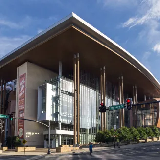 street-level view from corner of Rep John Lewis Way and Demonbreun Street