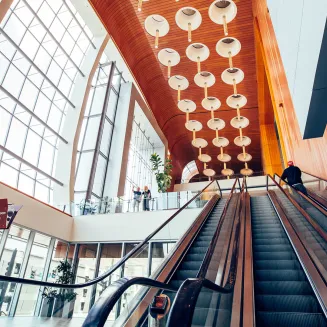 view from valet motor lobby looking up escalator to grand lobby