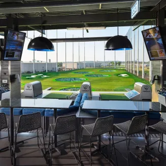 View from inside Topgolf Nashville looking out over the course. Nashville, TN.