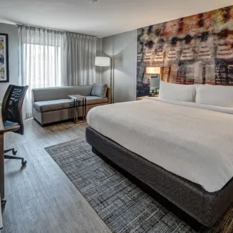 Hotel guest room with king bed, artistic wall mural, and seating area by the window.