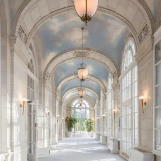 Sunlit veranda with arched windows and a sky-painted vaulted ceiling at The Hermitage Hotel. Nashville, TN.