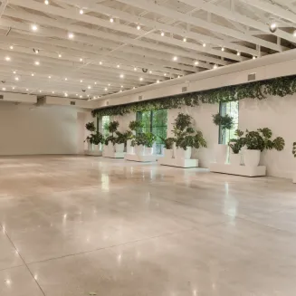 The Conservatory works right along side The Bow Truss adding an additional 1870 sq/ft that can be used in tandem or independently.  The floor to ceiling windows and view of the treetops bring the outdoors in, while an array of interior foliage compliments this temperature controlled oasis.