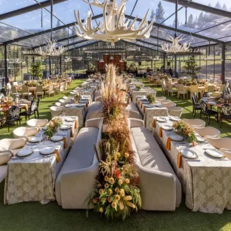 This mountain event is a reflection of what Blueprint Studios does best: blend curated beauty with thoughtful design and custom craftsmanship. Our expansive rental collection, scenic fabrication capabilities, and in-house design team allow us to tailor every element—from furniture to florals—to the location and occasion. The result: warm, elegant environments that feel effortless, intentional, and unforgettable.