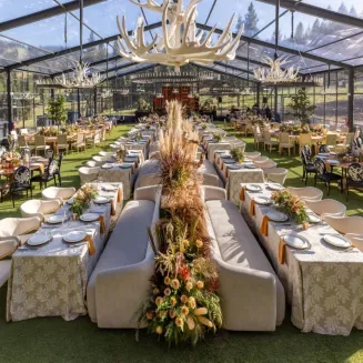 This mountain event is a reflection of what Blueprint Studios does best: blend curated beauty with thoughtful design and custom craftsmanship. Our expansive rental collection, scenic fabrication capabilities, and in-house design team allow us to tailor every element—from furniture to florals—to the location and occasion. The result: warm, elegant environments that feel effortless, intentional, and unforgettable.