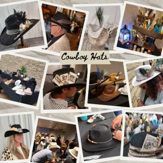 Nashville cowboy hat customization bar for corporate events. Premium Western hats with personalized bands, feathers, pins. Interactive hat styling experience. Perfect for team building, conferences, brand activations. Instagram-worthy photo ops. Music City themed event entertainment.