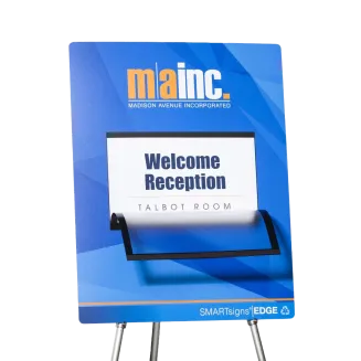 Our revolutionary reusable EDGE SMARTsign® is the most advanced reusable sign solution to exist. Using recyclable and reusable materials, and GREENGUARD Gold certified ink, the EDGE sign sets a new, environmentally conscious standard for extreme durability in a lightweight package. Conquer a full day of events and meetings with signage you know won’t crack, dent, or chip. With the EDGE sign, your events will look professional for many years to come. This sign looks great and never breaks!

Attach our unique