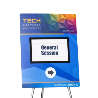 Our revolutionary reusable EDGE SMARTsign® is the most advanced reusable sign solution to exist. Using recyclable and reusable materials, and GREENGUARD Gold certified ink, the EDGE sign sets a new, environmentally conscious standard for extreme durability in a lightweight package. Conquer a full day of events and meetings with signage you know won’t crack, dent, or chip. With the EDGE sign, your events will look professional for many years to come. This sign looks great and never breaks!

Attach our unique