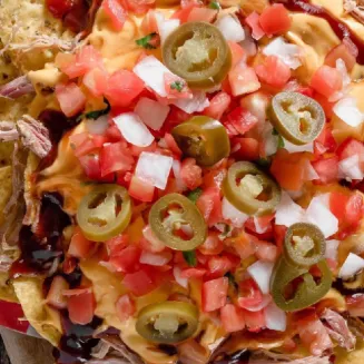 Overloaded Nachos-Tortilla Chips topped with a choice of Pulled Pork or Pulled Chicken, BBQ Sauce, Nacho Cheese, Pico De Gallo, Jalapenos & Sour Cream.