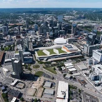 view from southwest corner of building looking north toward downtown core with Cumberland River to the east