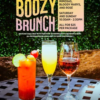 Boozy Brunch, unlimited Mimosas, Bloody Marys, Rose Saturday and Sunday 10:30 am - 2:30 pm for $25. With the purchase of an entree.