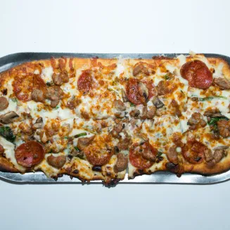 White Sauce, House Cheese Blend, Pepperoni, Sausage, Spinach, Onions and Mushrooms