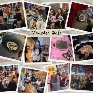 Nashville trucker hat customization with heat-pressed patches. Music City themed designs, sports, western, patriotic collections. Corporate event entertainment. Custom hat bar experience. Tennessee souvenir hats. Interactive team building activity for conferences.