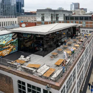Whiskey Sky Bar Rooftop restaurant with the best view of Broadway. VIP Service Available.