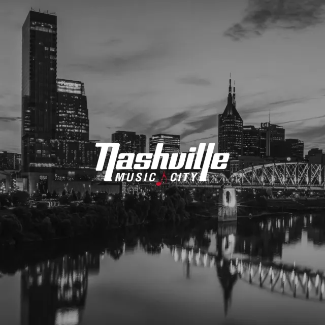 Black-and-white nighttime view of downtown Nashville with the city skyline and an illuminated bridge, featuring the “Nashville Music City” logo overlay.