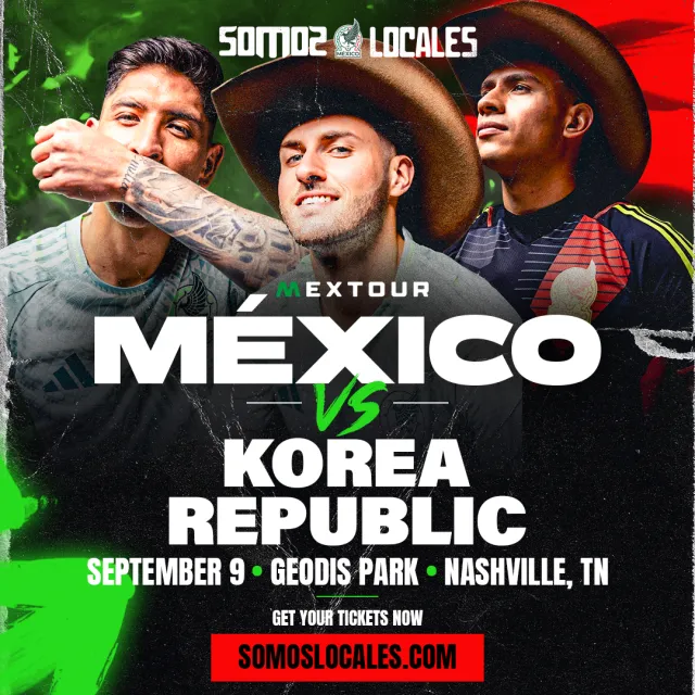 Poster announcing the Mexico vs. Korea Republic soccer match on September 9 at GEODIS Park, with three Mexico players pictured.